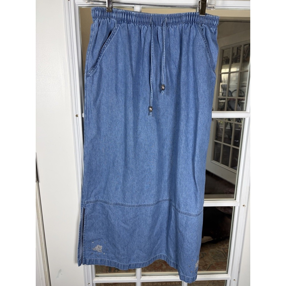 Vintage Jaclyn Smith Sport Denim‎ Maxi Skirt Rose Embroidered Studded Hem